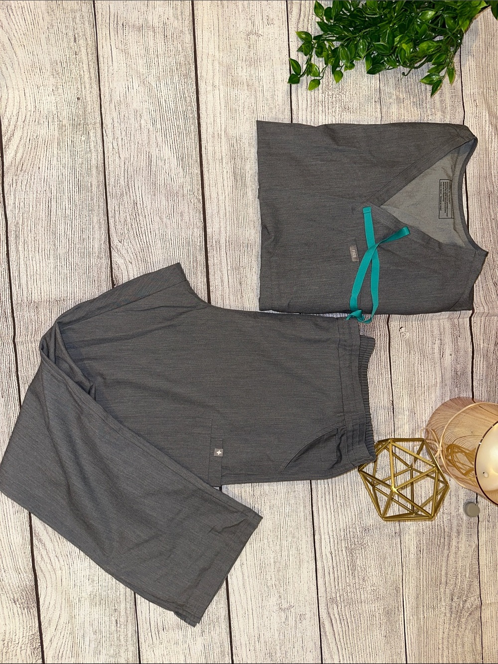 Gray Medical Scrub Set with Teal Accent